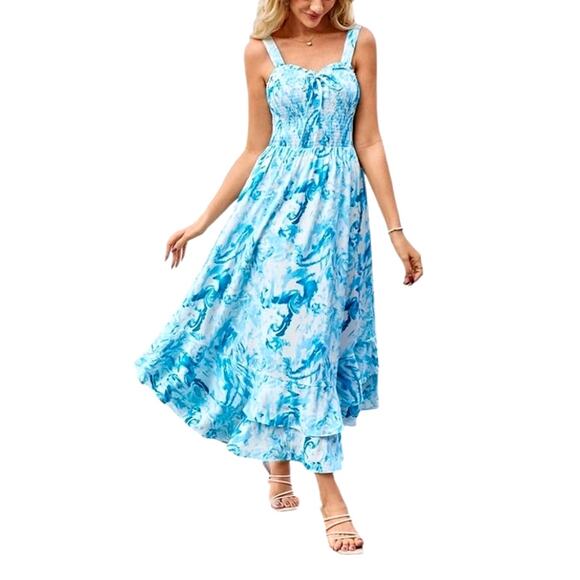 Grace Karin Womens Large Blue White Sleeveless Floral Spaghetti Strap Maxi Dress - Picture 10 of 11